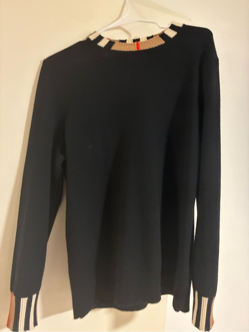 Burberry Black Crewneck Sweater with Striped Neck and Cuff Detail